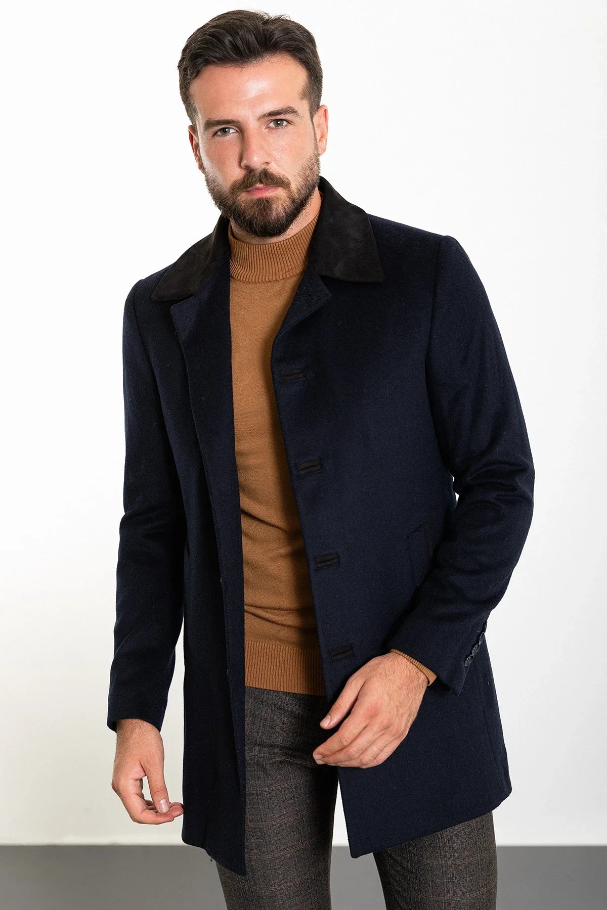 Bojoni Capena Patterned Slim Fit Collar Detailed Stamped Navy Blue Coat
