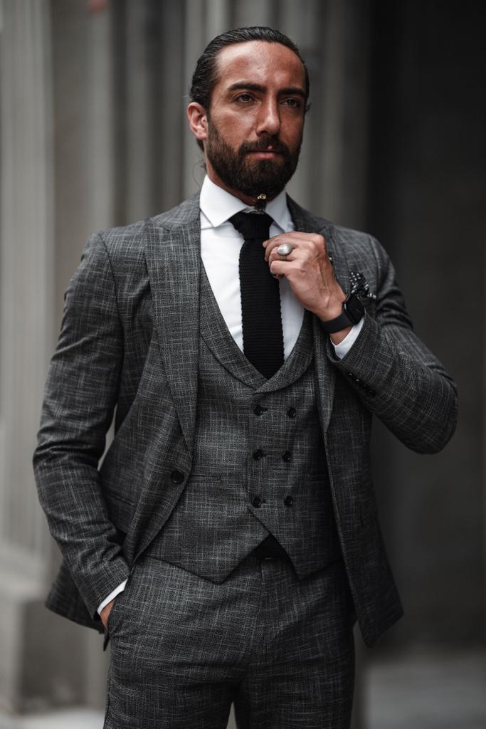 Evo Dark Gray Slim Fit Crosshatch Suit – Elevate Your Style