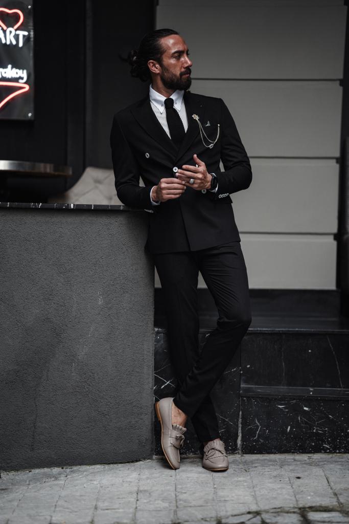 Evo Black Slim Fit Double Breasted Suit - Perfect for Any Occasion