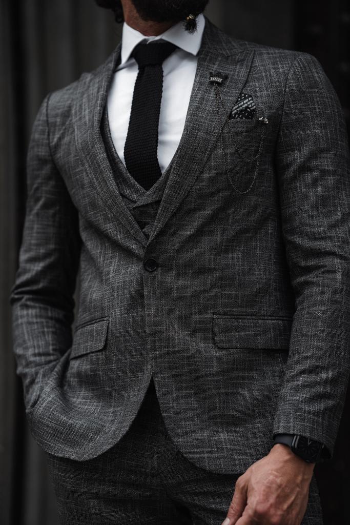 Evo Dark Gray Slim Fit Crosshatch Suit – Elevate Your Style