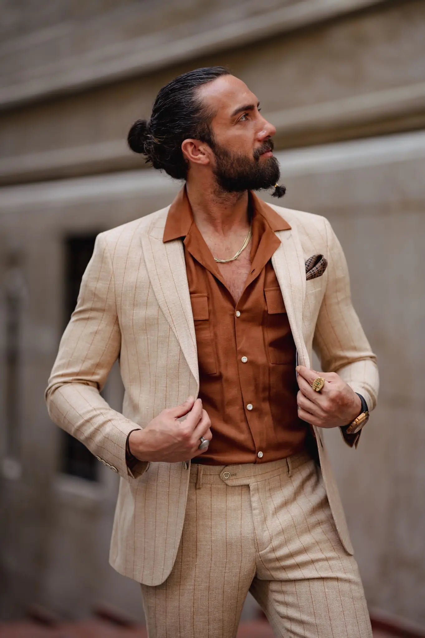 Evo Beige Slim Fit Pinstripe Suit brabion