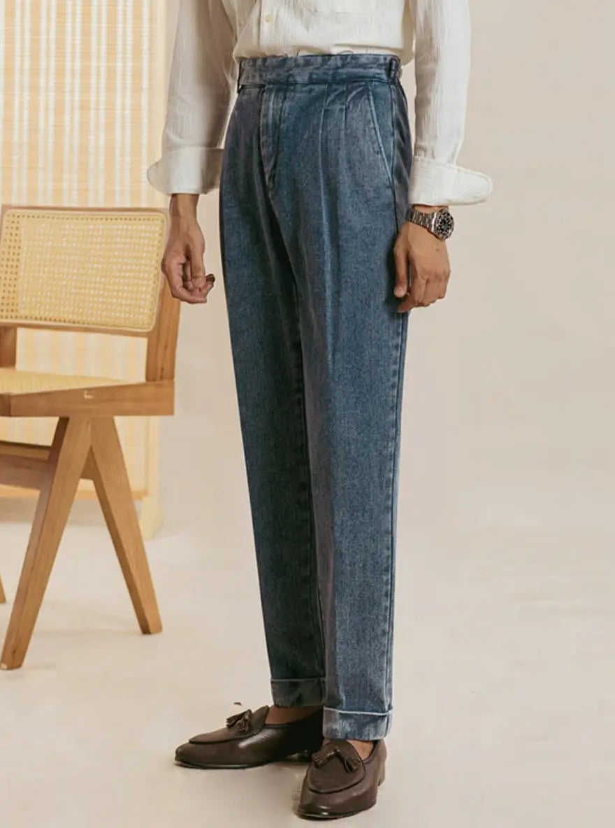 Men’s Italian Naples-Style Relaxed Straight-Leg Double-Pleat Jeans - BRABION