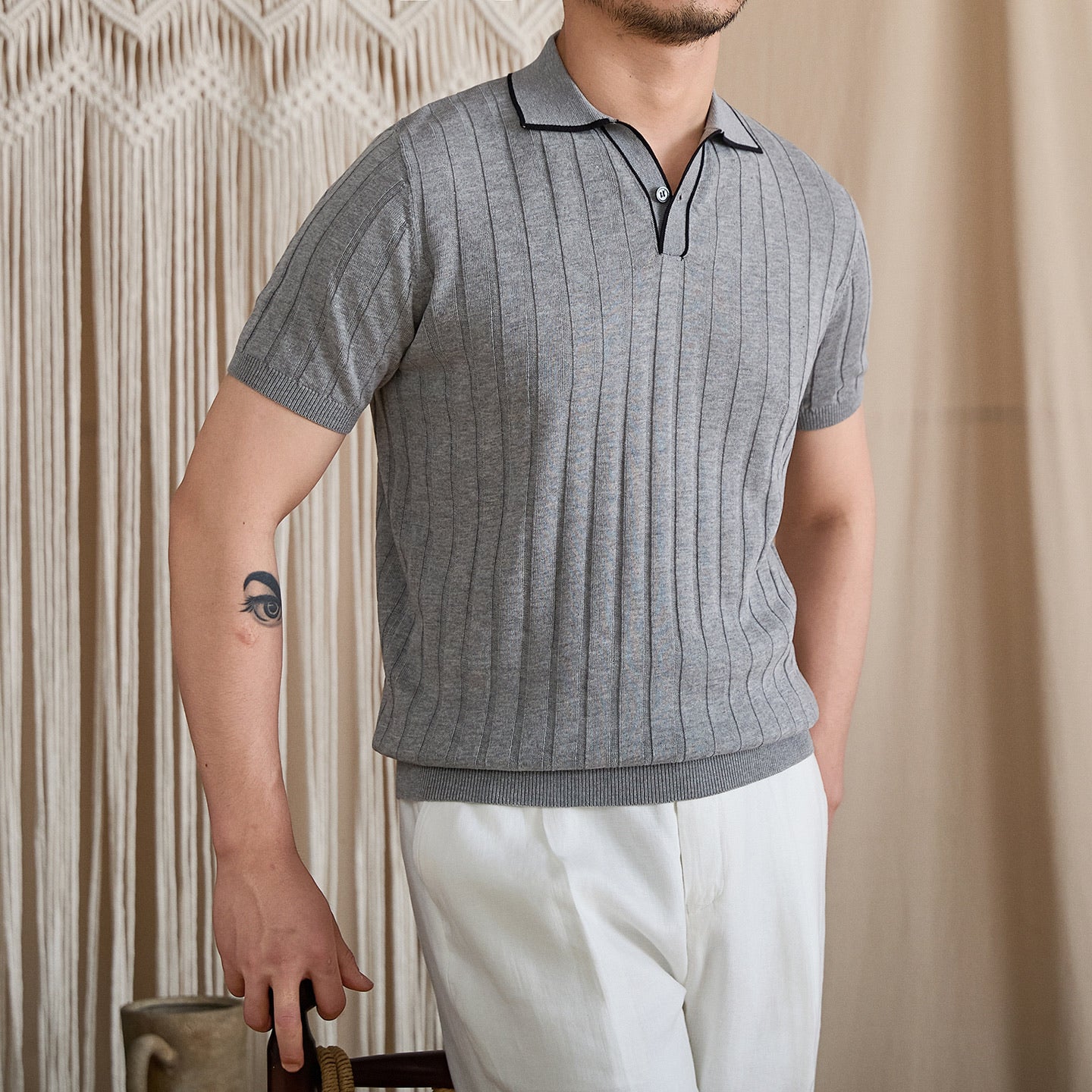 Contrast-Tipped V-Placket Ribbed Polo BRABION