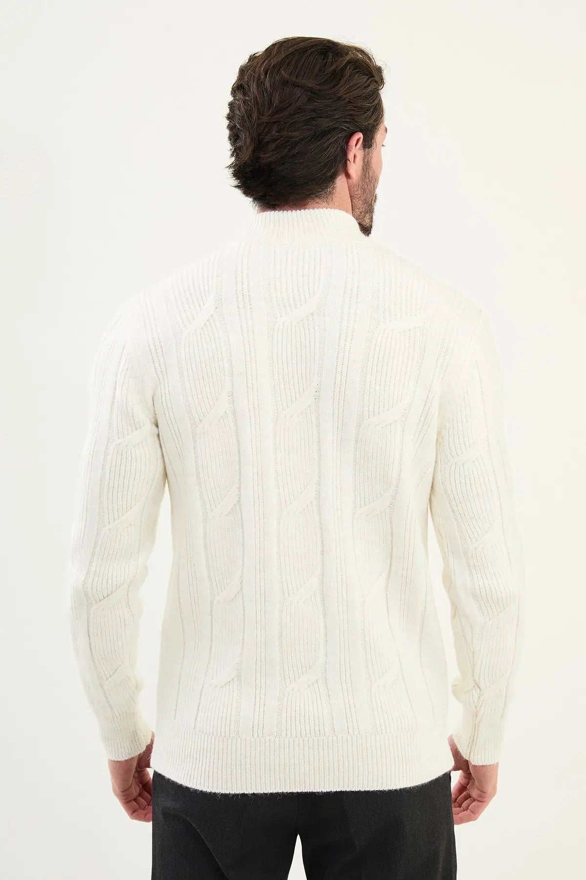 White Cable-Knit High Neck Sweater - BRABION