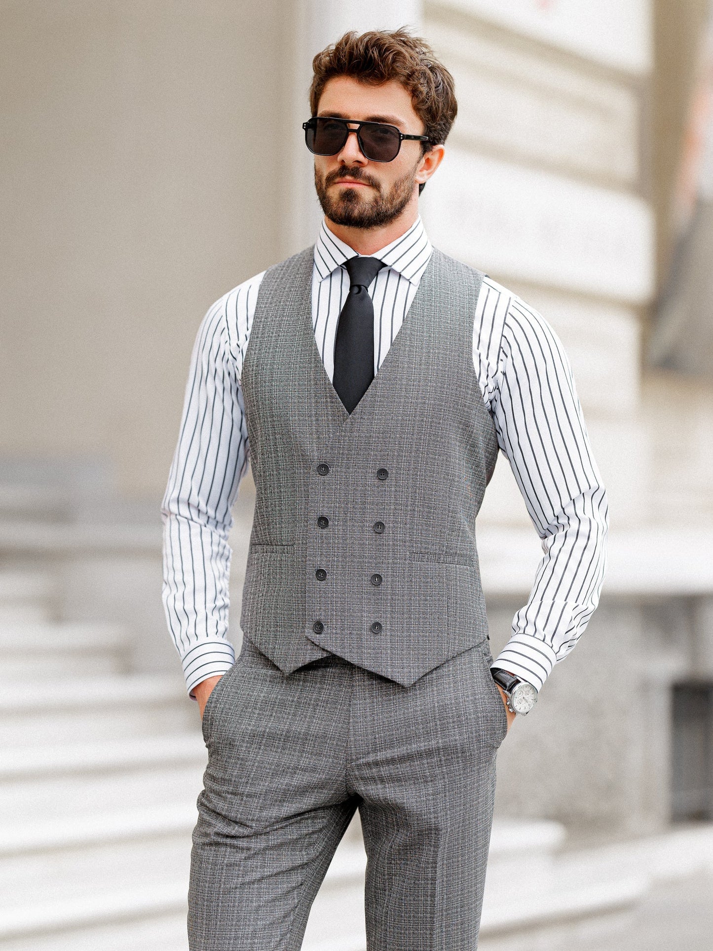 Grey Plaid Slim-Fit Suit 3-Piece VIOSSI