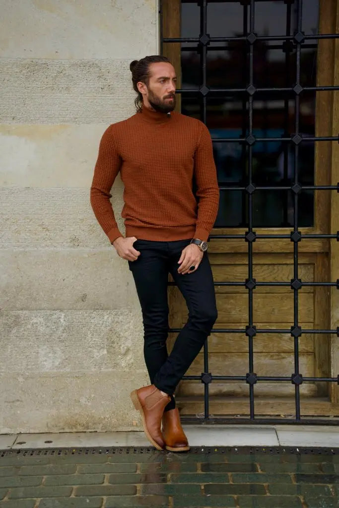 Stefano Slim Fit Camel Turtleneck Sweater - BRABION
