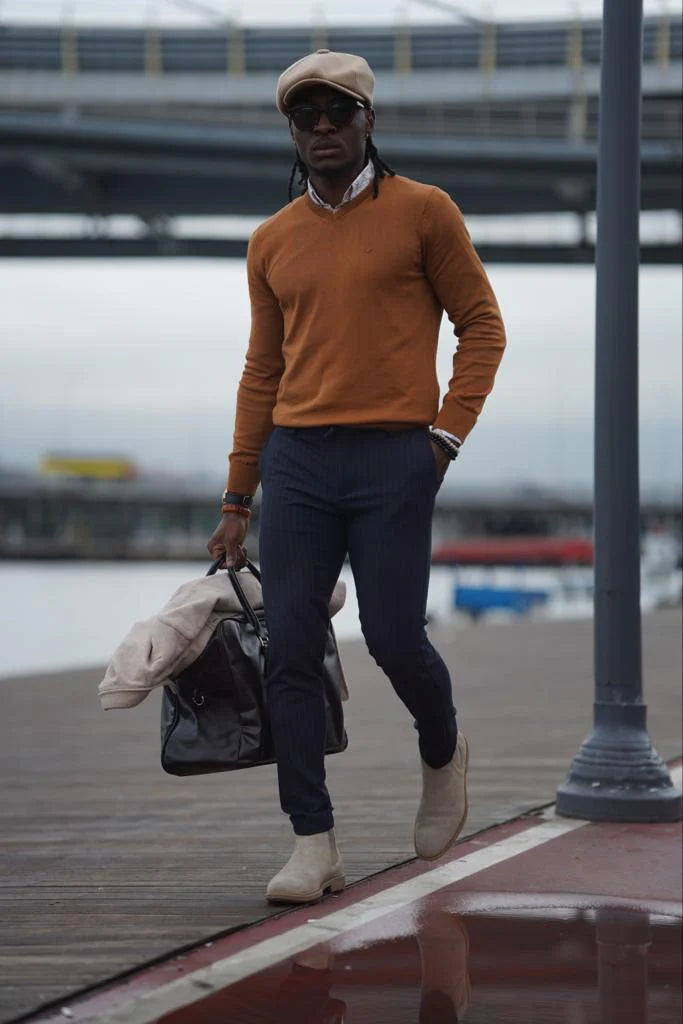 Stefano Slim Fit Custom Design Camel V-Neck Sweater