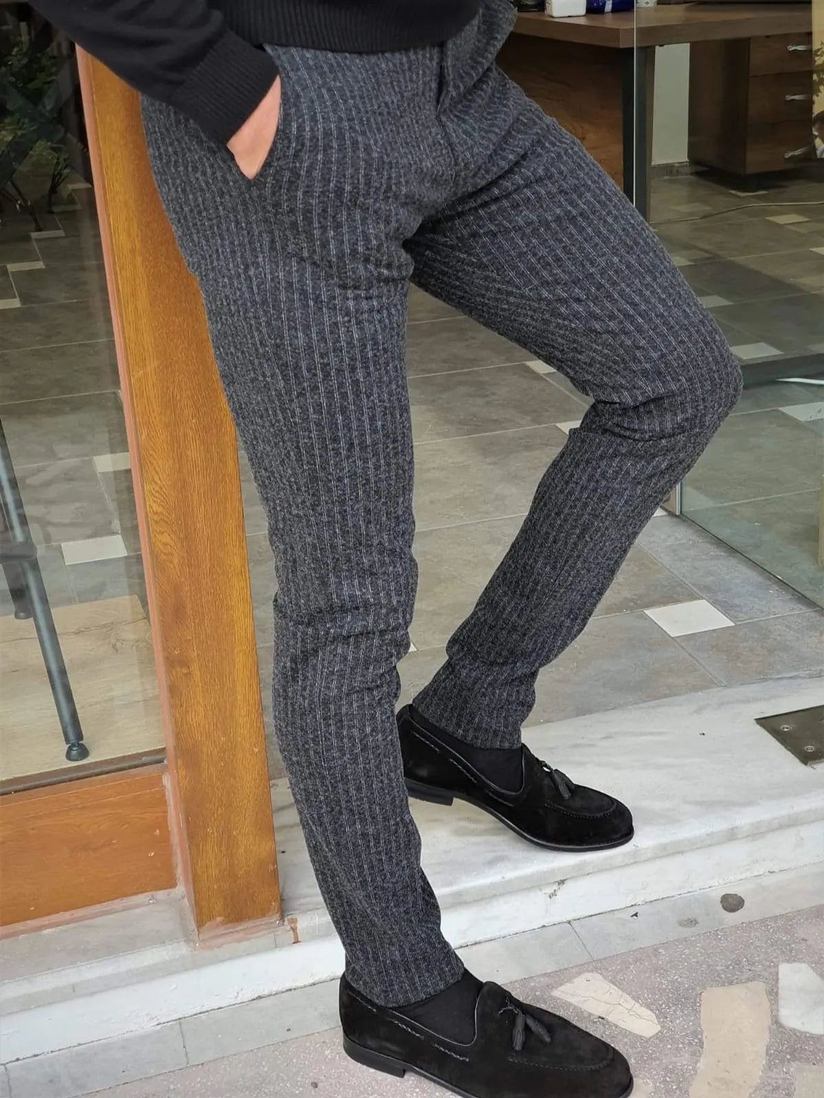 Paruri Black Slim Fit Striped Pants for Versatile Style - BRABION