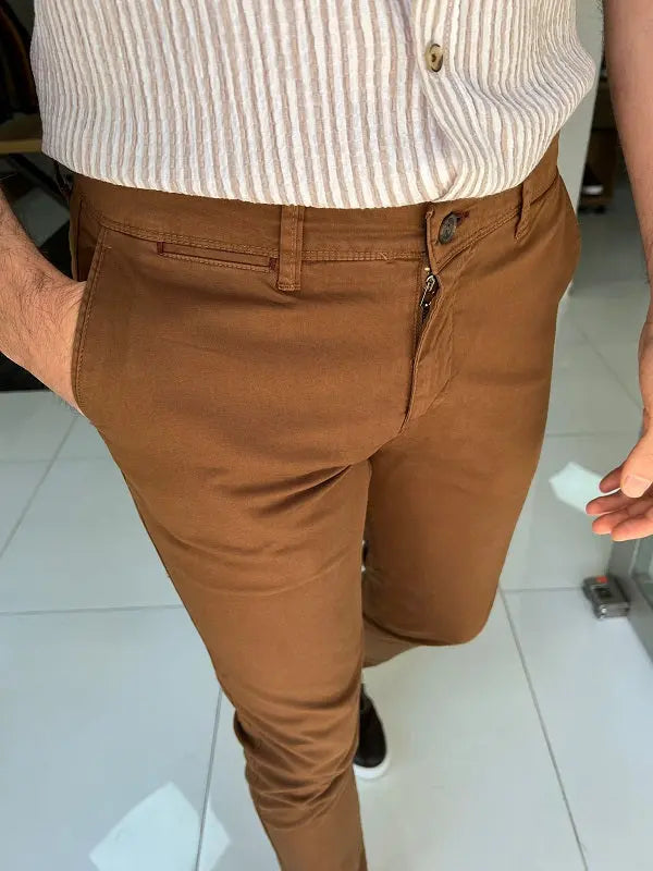 Danville Camel Slim Fit Cotton Pants - The Perfect Blend of Comfort and Style - BRABION