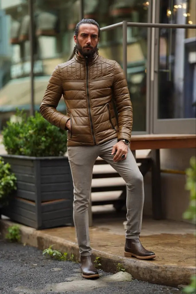 Avion Slim Fit Brown Faux Leather Puffer Jacket - BRABION