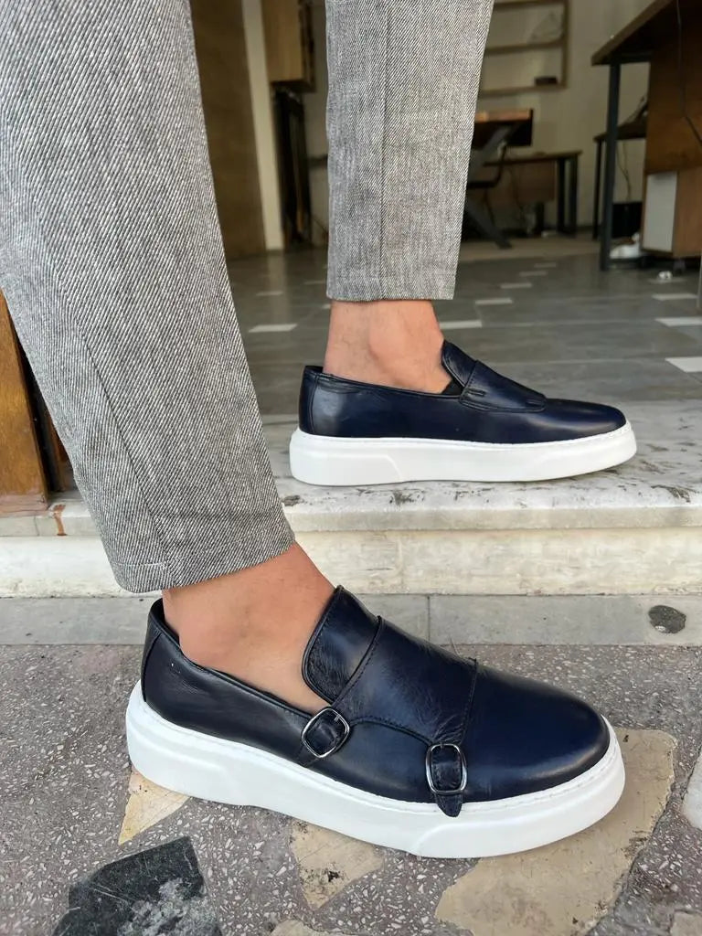 Edmond Navy Blue Double Monk Strap Casual Shoes - BRABION