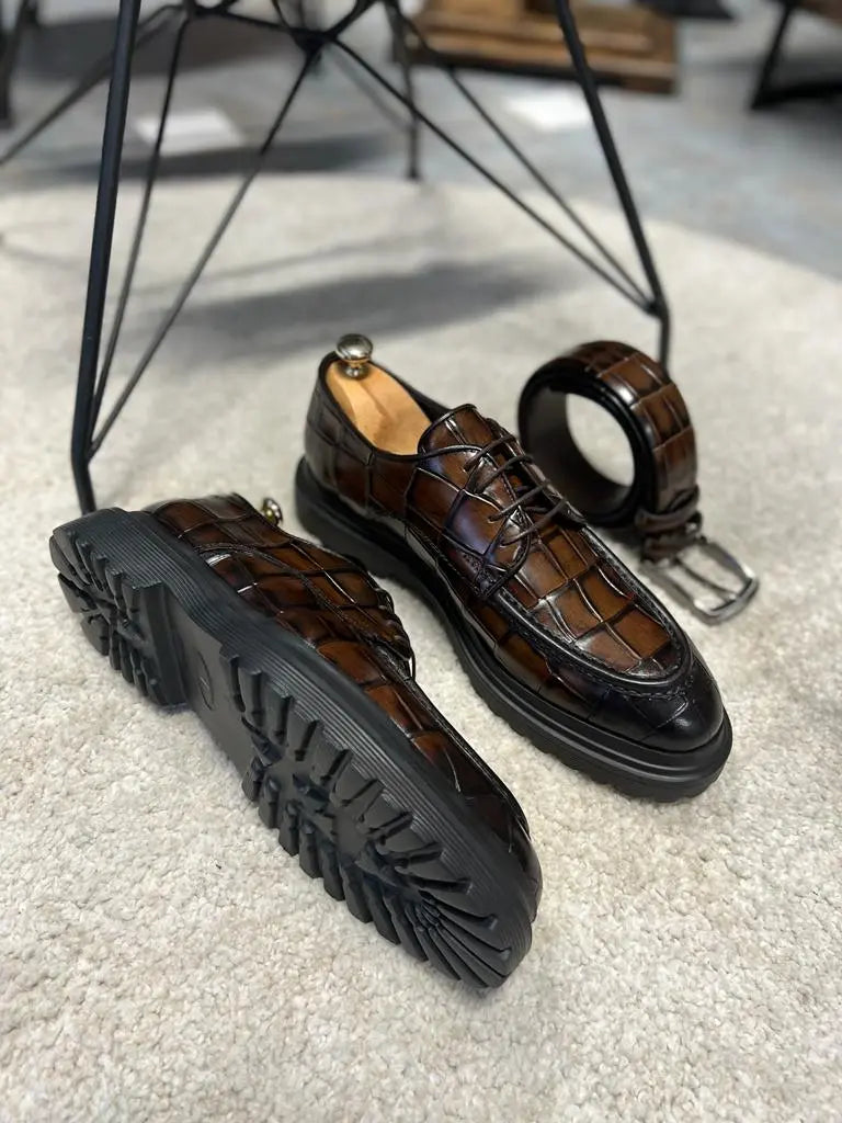 Empire Brown Crocodile Pattern Derby Shoes for Distinguished Men - BRABION