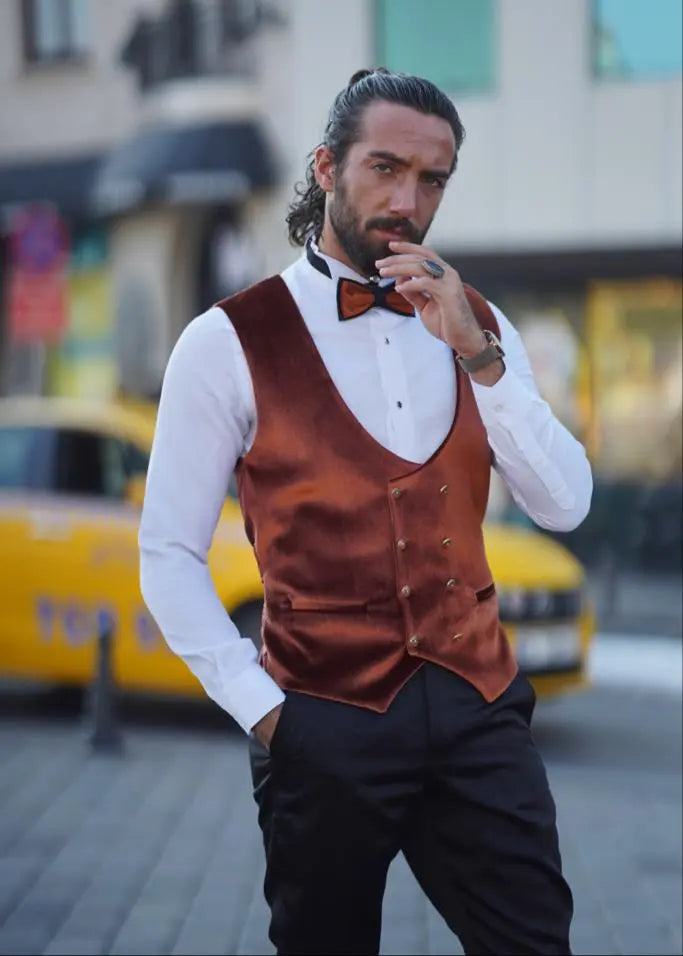 Empire Brown & White Slim Fit Velvet Shawl Lapel Wool Tuxedo - BRABION