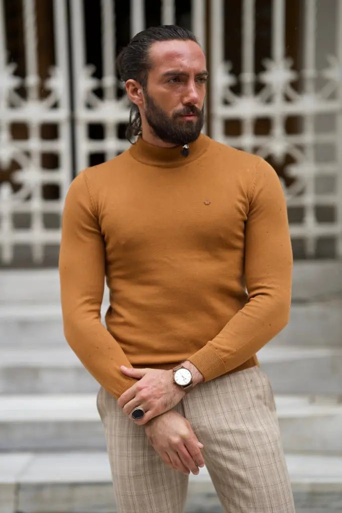Empire Camel Slim Fit Mock Turtleneck Sweater - BRABION