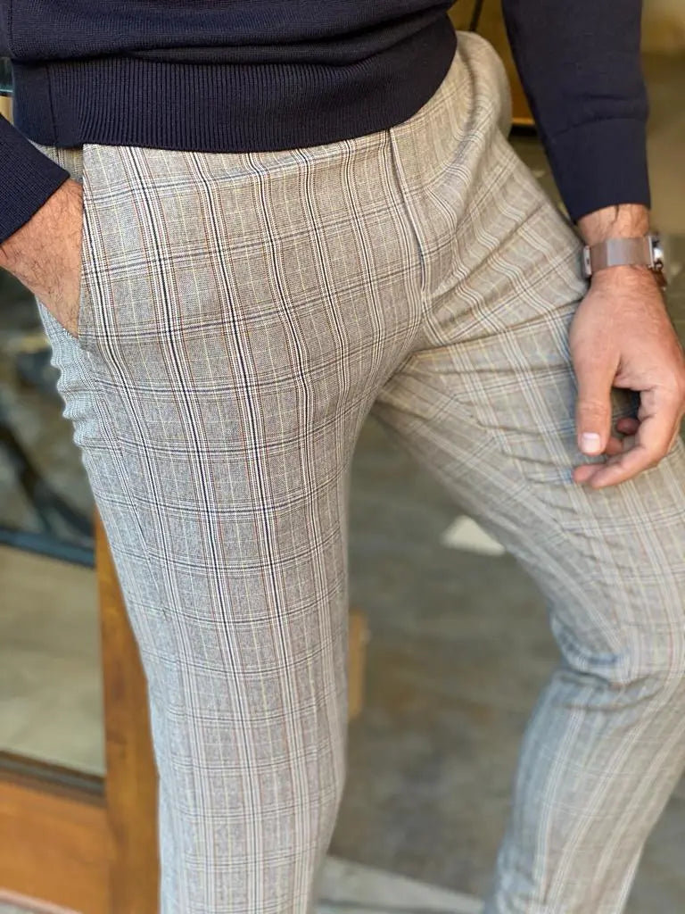 Empire Gray Slim Fit Plaid Pants - Versatile Elegance for Every Occasion - BRABION