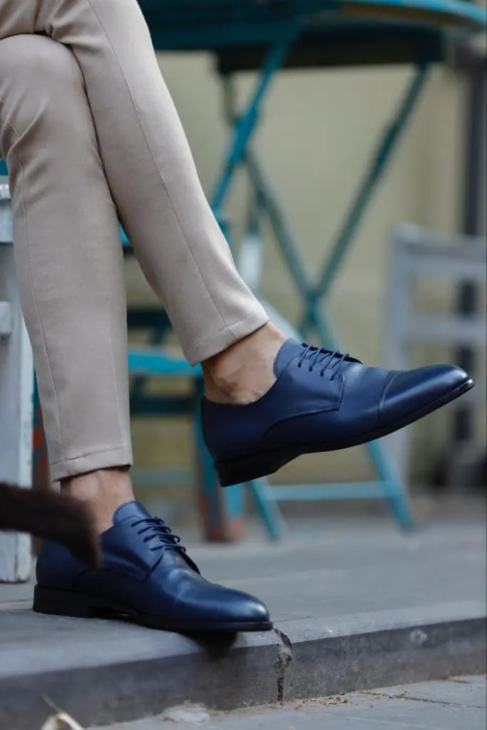 Empire Navy Blue Cap Toe Laced Derby Shoes - BRABION
