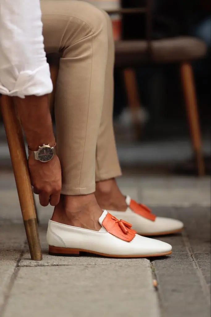 Empire White Kilt Tassel Slip-Ons: Elegance Redefined - BRABION