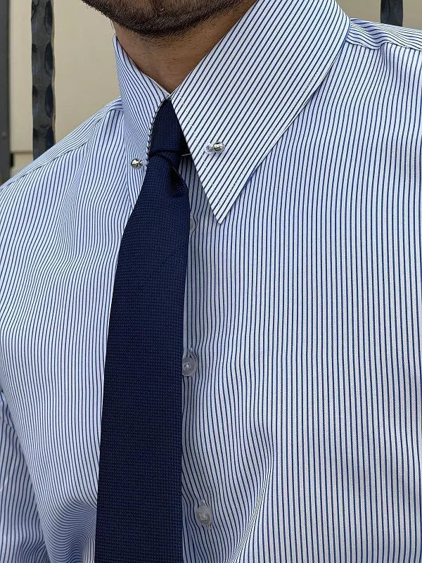 Brabion Berton Blue Slim Fit Long Sleeve Pinstripe Dress Shirt - BRABION