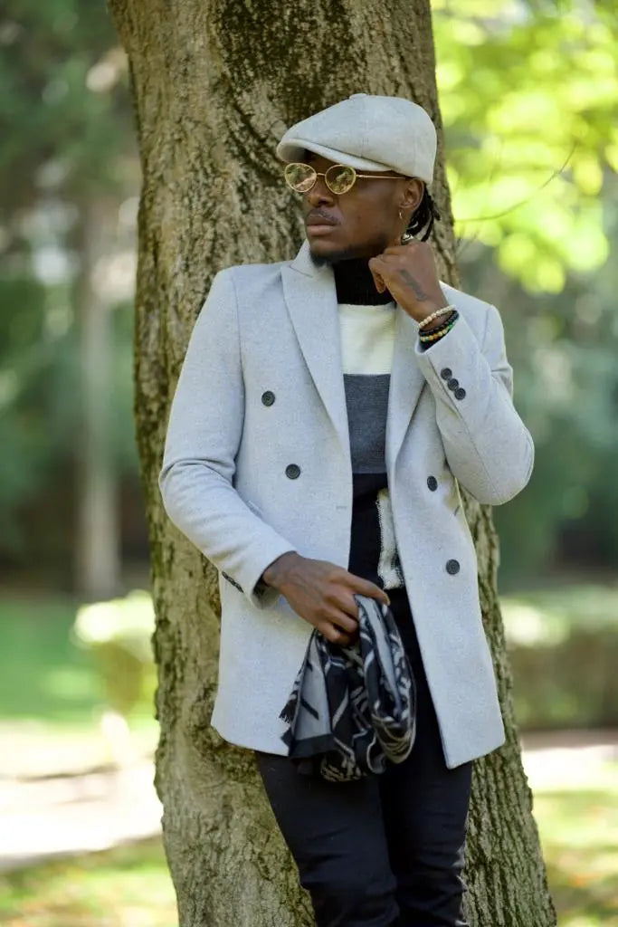 Caesar Slim Fit Double Breasted Grey Wool Cachet Coat - BRABION