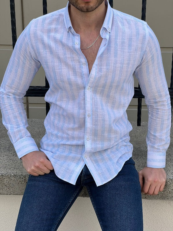Brabion Tampa White Blue Slim Fit Striped Cotton Shirt
