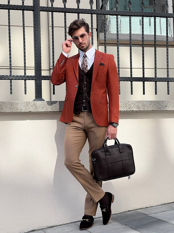 Edmond Rust Brown Slim Fit Peak Lapel Blazer