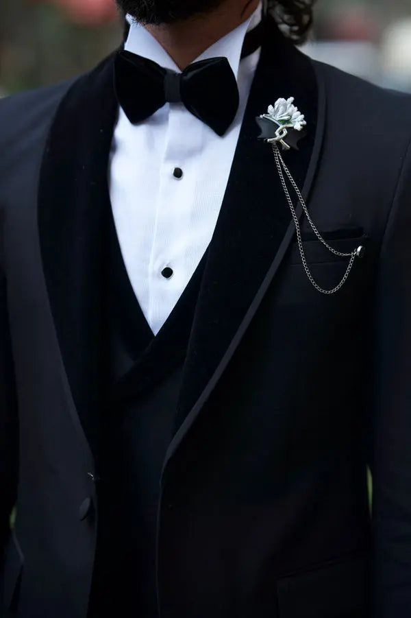 Lowton Black Slim Fit Velvet Shawl Lapel Tuxedo - BRABION