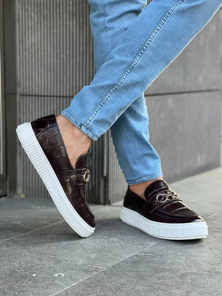 Lawson Burgundy Crocodile Pattern Bit Loafers - BRABION