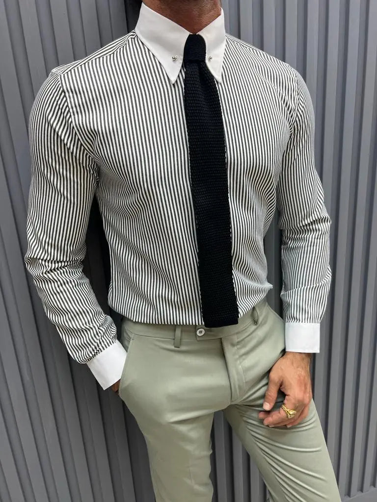 Brabion Sorento Gray Slim Fit Long Sleeve Striped Cotton Shirt - BRABION