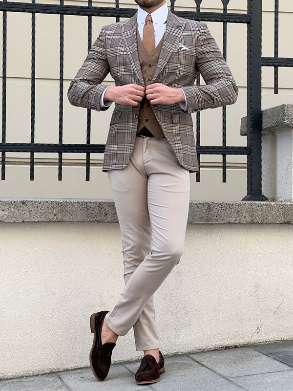 Rockford Beige Slim Fit Peak Lapel Plaid Check Wool Blazer