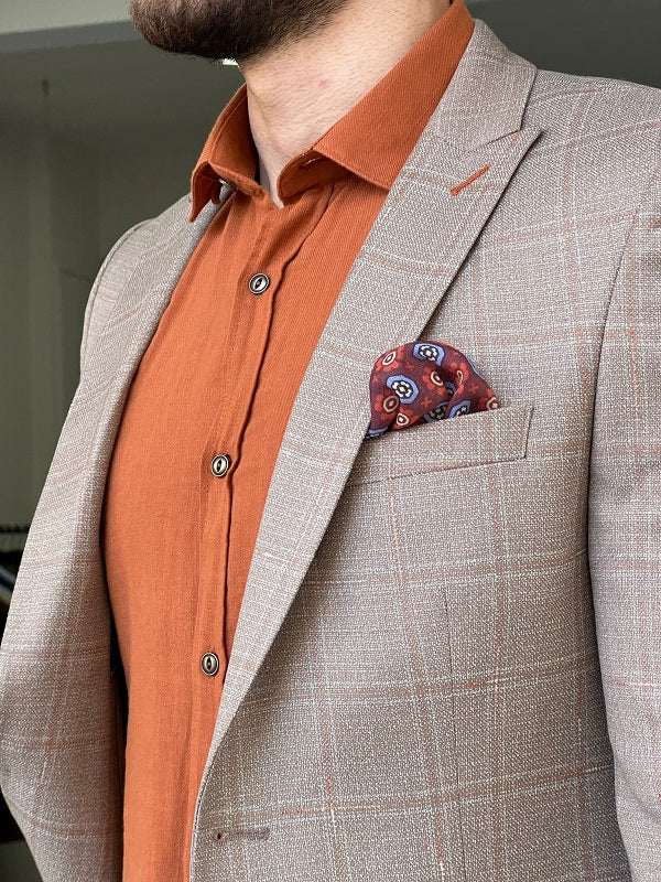 Rockford Brown Slim Fit Peak Lapel Plaid Blazer