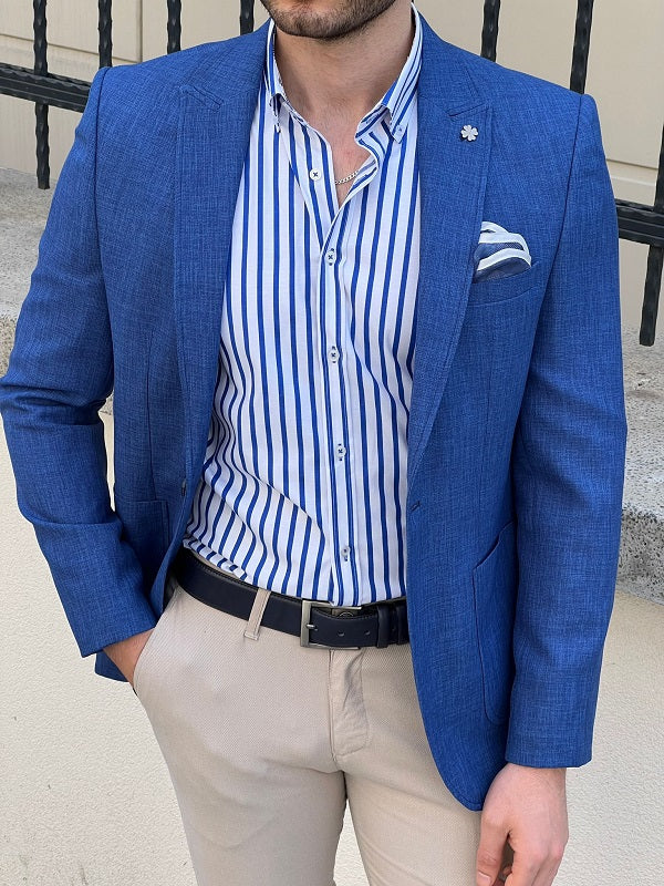 Hazel Royal Blue Slim Fit Peak Lapel Crosshatch Linen Blazer for Men
