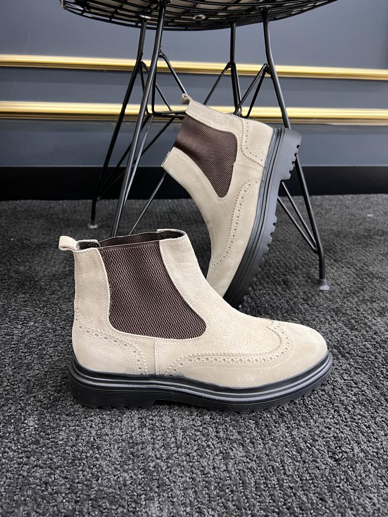 Berton Beige Suede Wingtip Chelsea Boots - Timeless Elegance