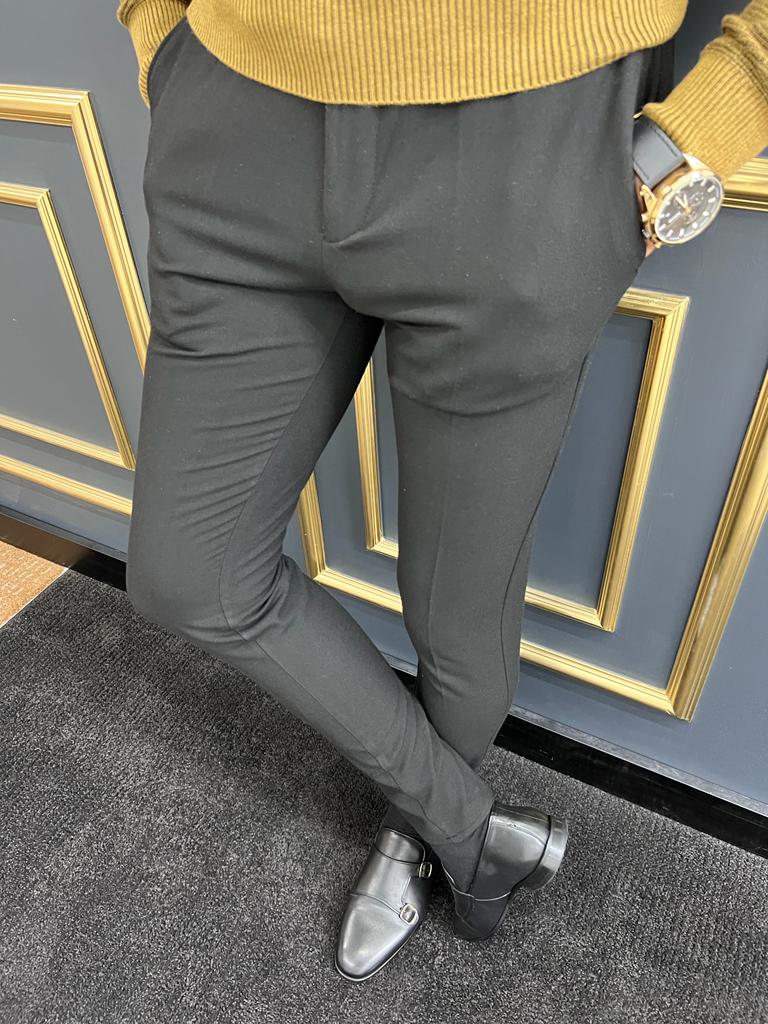Avion Black Slim Fit Laced Pants - Versatile Elegance for Any Occasion