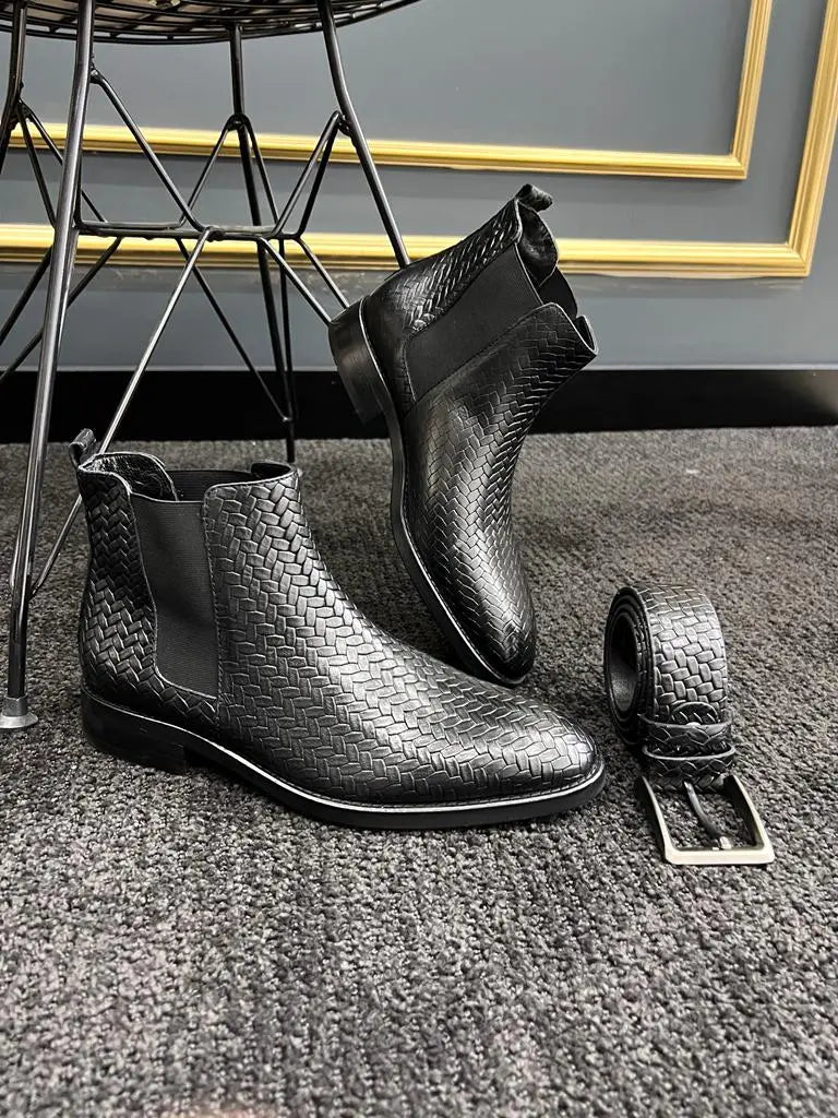 Berton Black Woven Pattern Chelsea Boots - BRABION