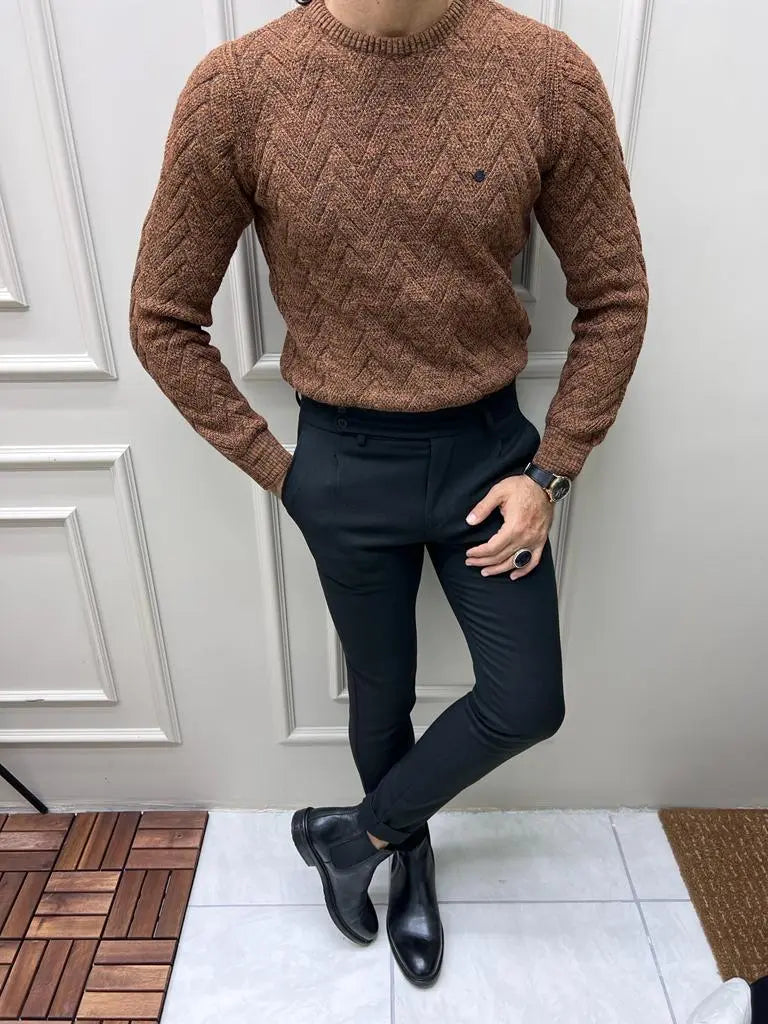 Berton Brown Slim Fit Crewneck Patterned Sweater: Elevate Your Style - BRABION