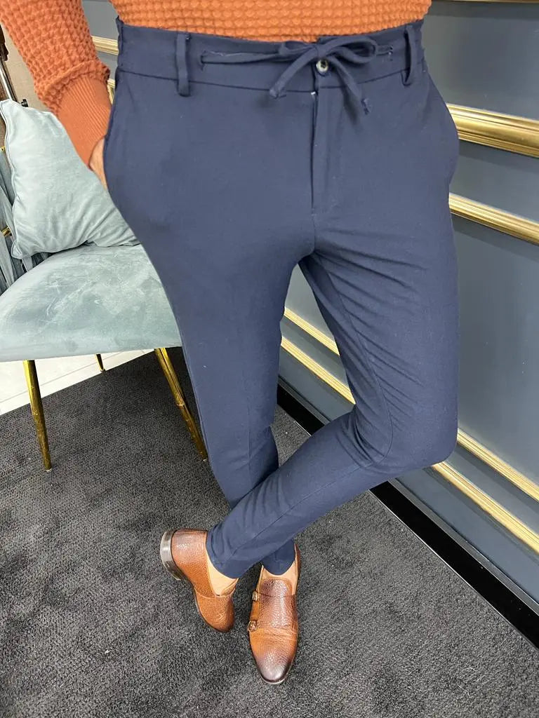 Avion Dark Blue Slim Fit Laced Pants for Versatile Style - BRABION