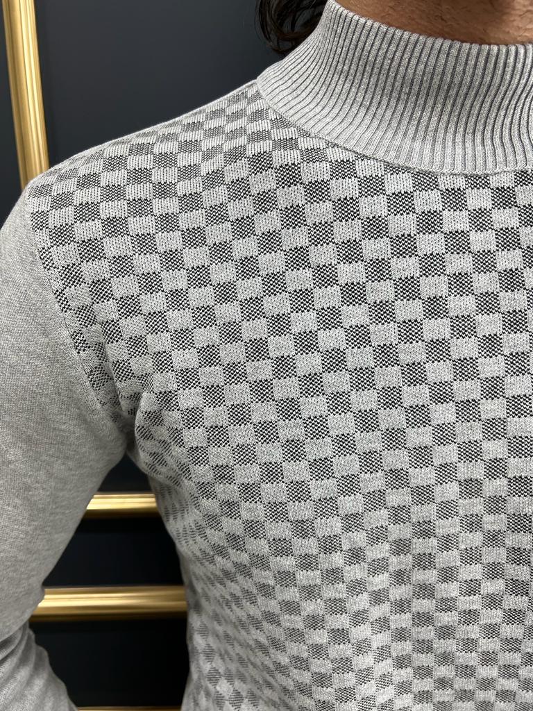Vince Gray Slim Fit Patterned Monk Turtleneck Sweater - BRABION