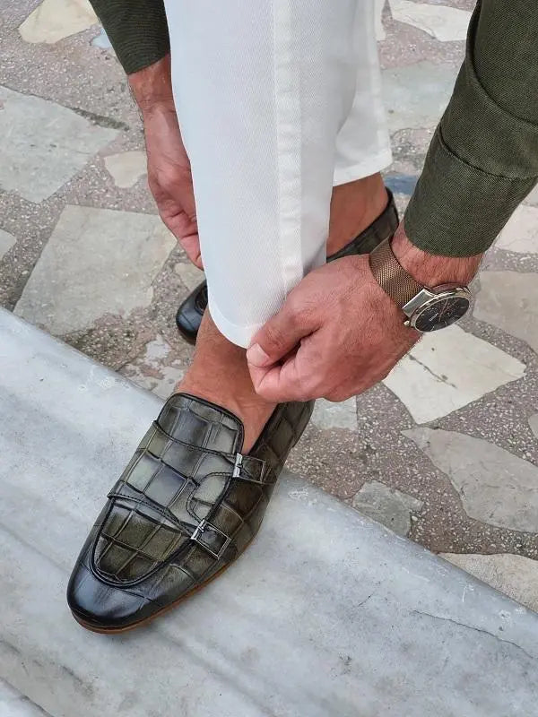 Livorno Green Double Monk Strap Loafers: Elegant Footwear for the Modern Man - BRABION