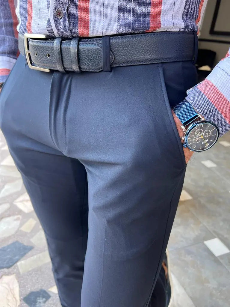 Tampa Dark Blue Slim Fit Cotton Pants - BRABION
