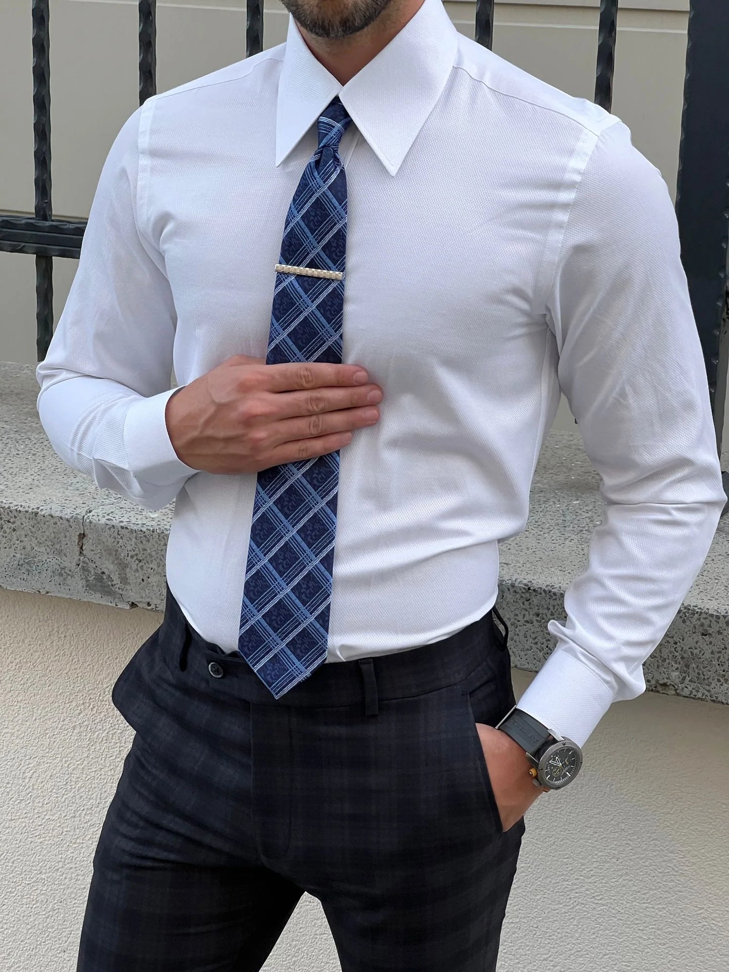 Brabion Milano Slim Fit Pointed Collared White Cotton Shirt