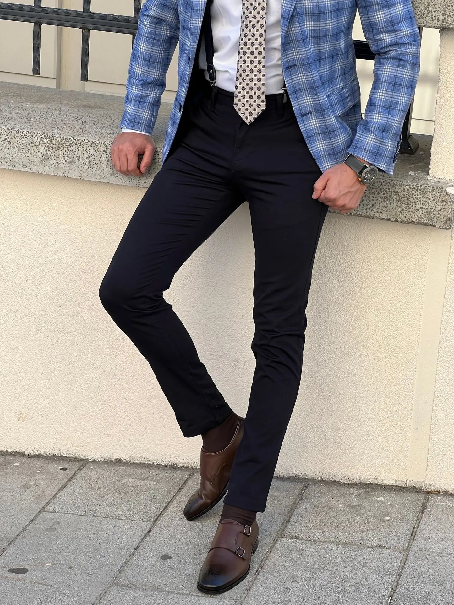Benjamin Slim Fit High Quality Dark Blue Patterned Anthracite Pants - BRABION
