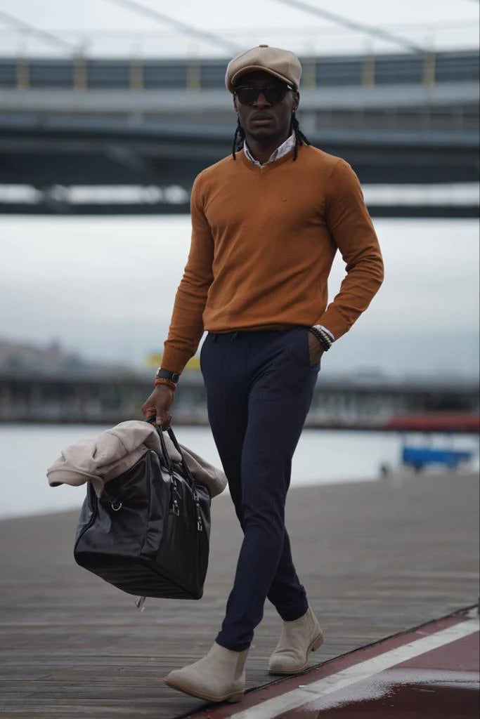 Stefano Slim Fit Custom Design Camel V-Neck Sweater