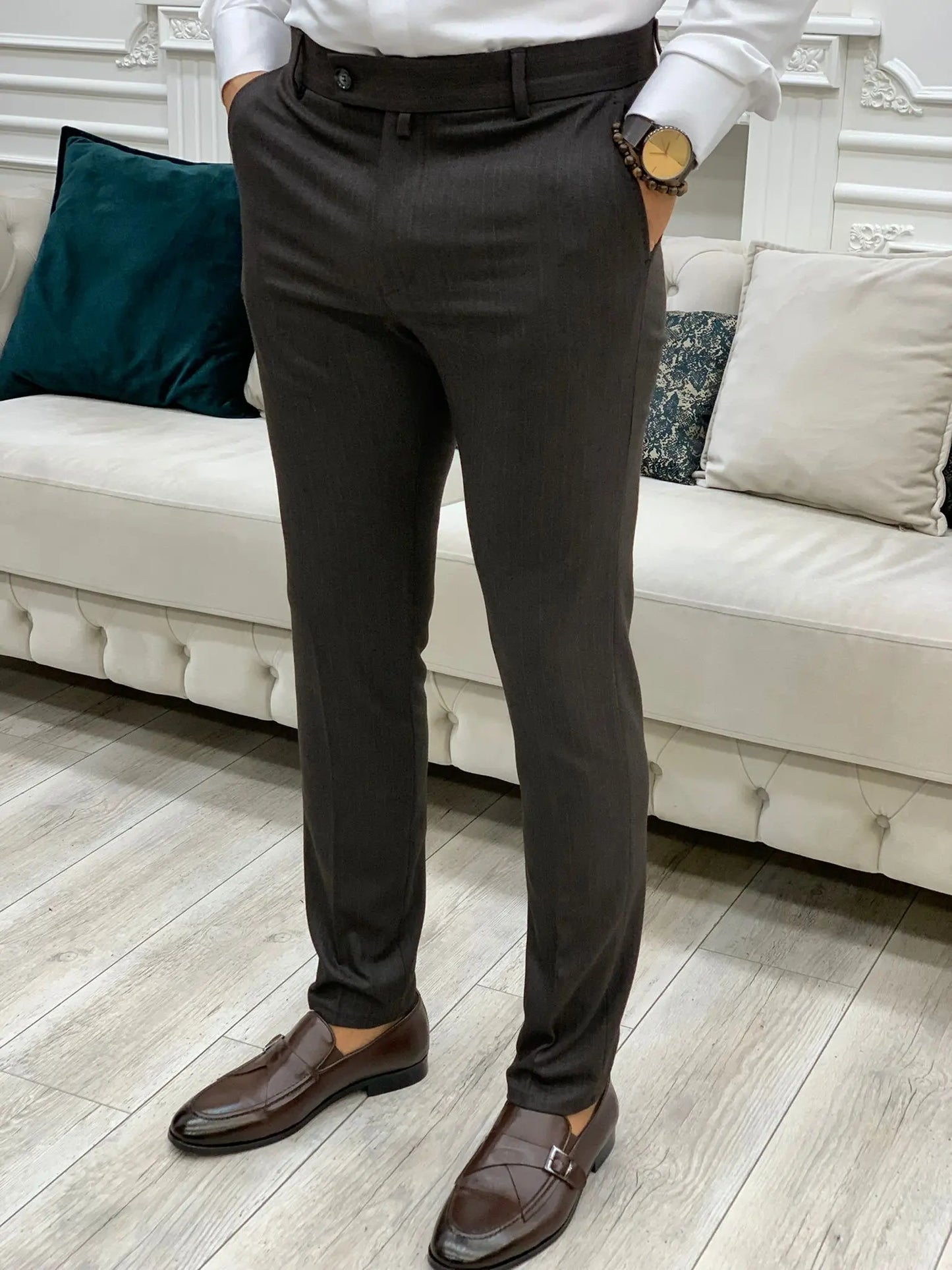 Serra Coffee Slim Fit Striped Pants - Versatile Comfort for Every Occasion - BRABION