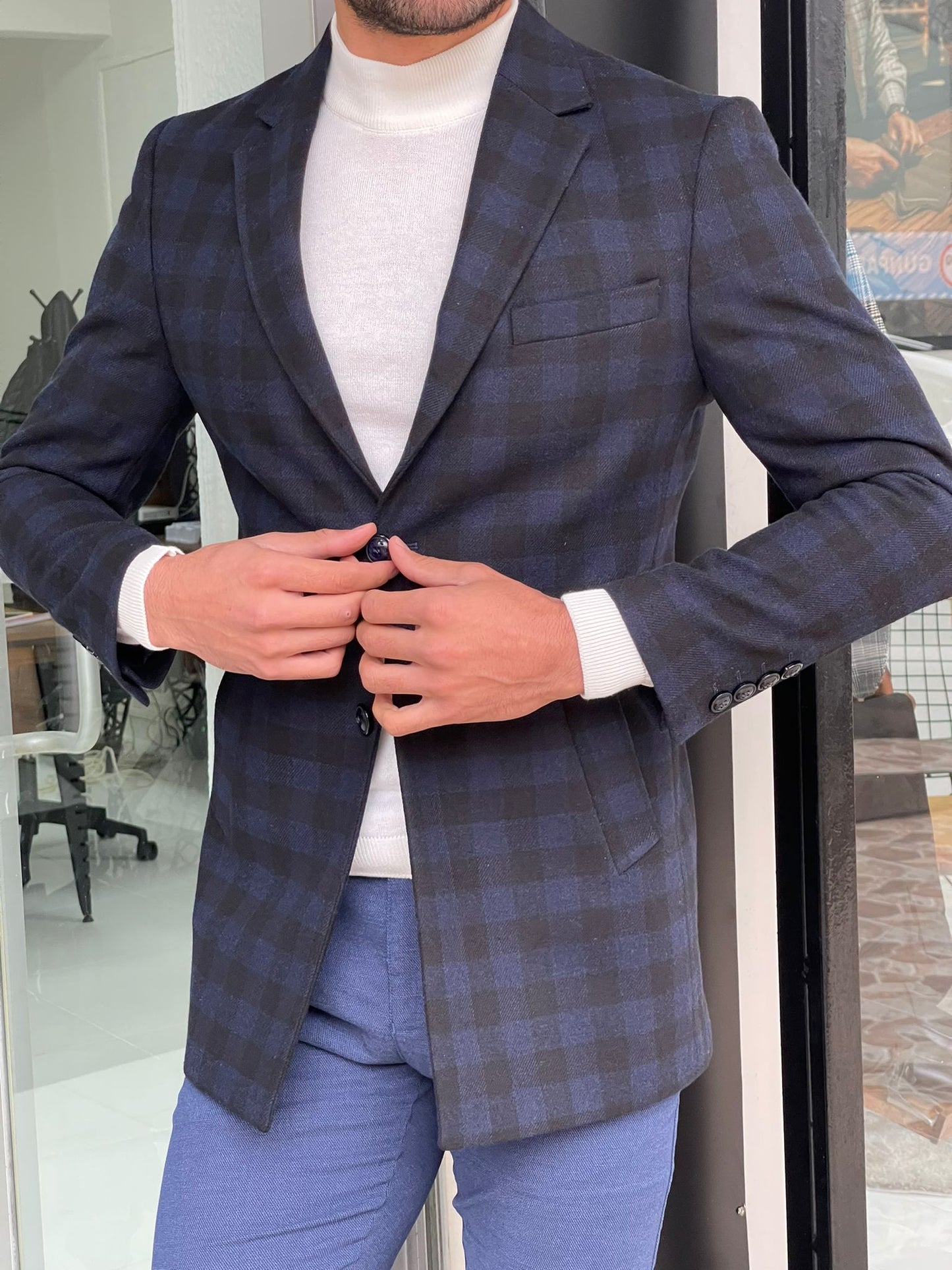 Melbourne Navy Blue Slim Fit Plaid Wool Long Coat