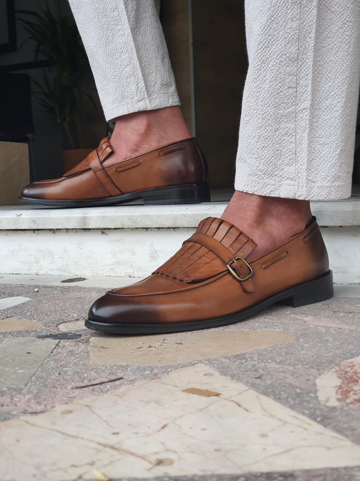 Bristol Tan Buckle Detailed Leather Loafers
