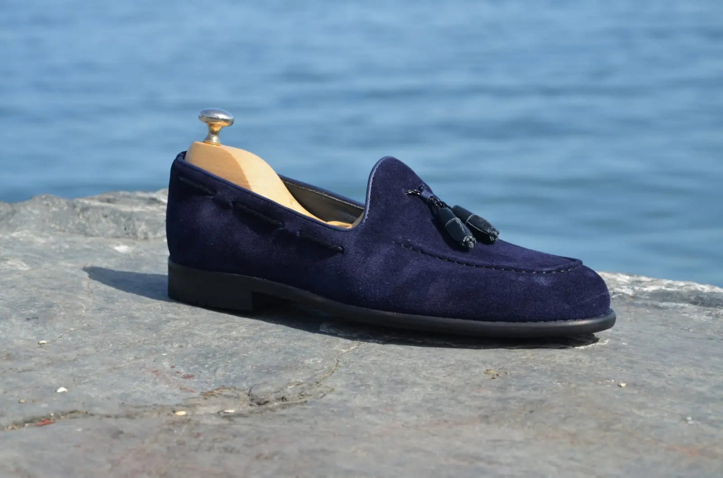 Suade Calf-Leather Loafer Shoes - Navy Blue - BRABION