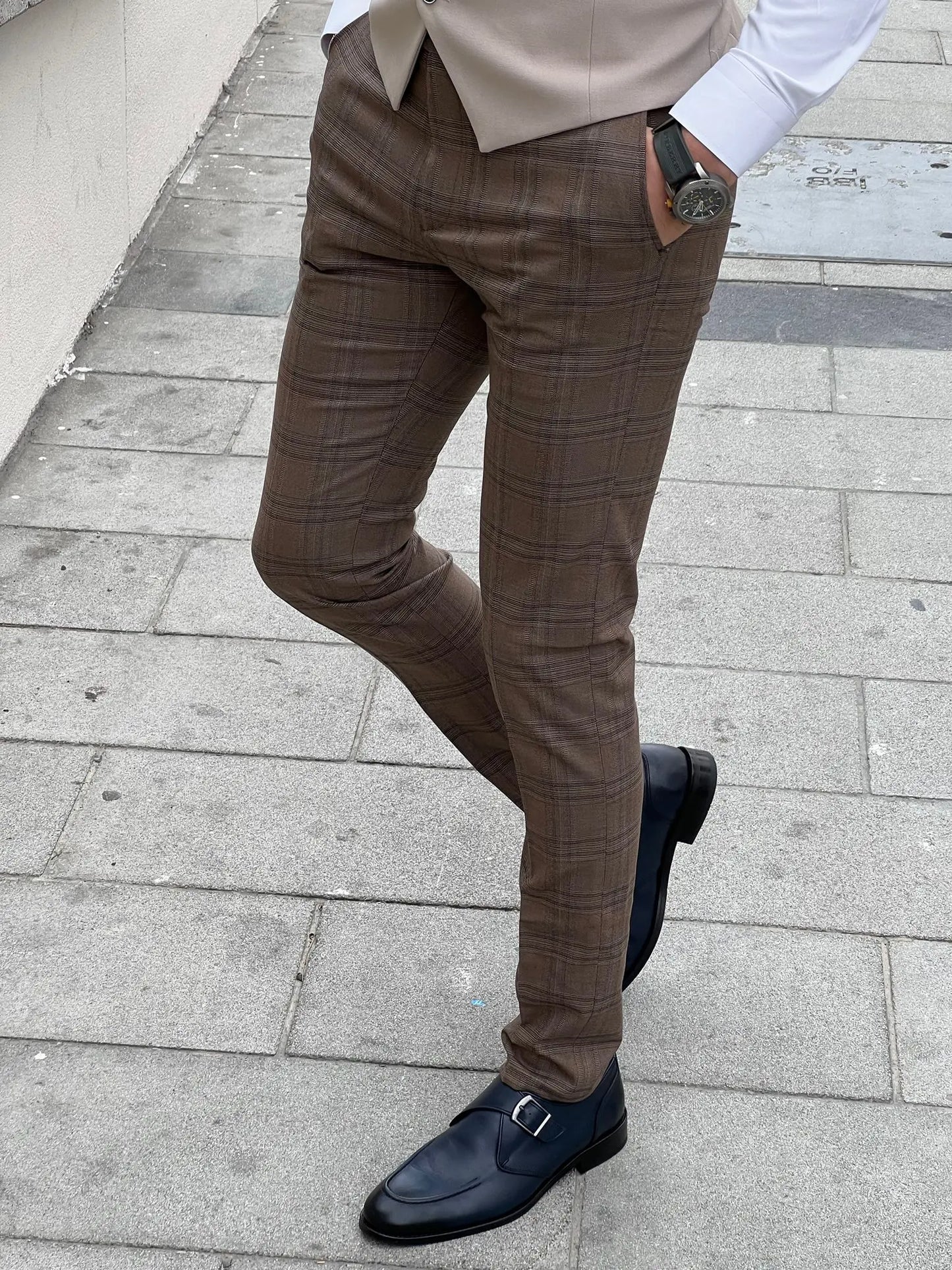 Fabio Brown Plaid Slim Fit Woolen Pants - BRABION
