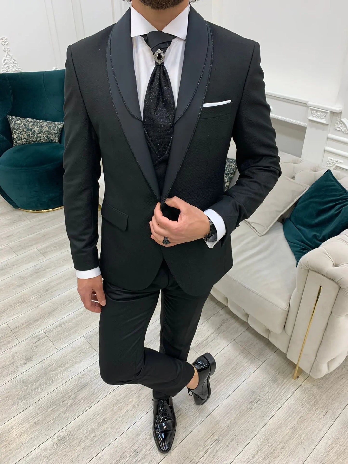 Forte Black Slim Fit Shawl Lapel Wedding Suit - BRABION