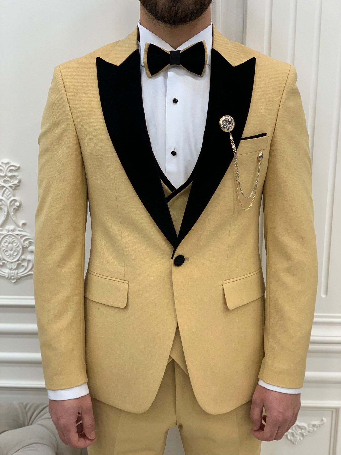 Eden Yellow Slim Fit Velvet Peak Lapel Tuxedo