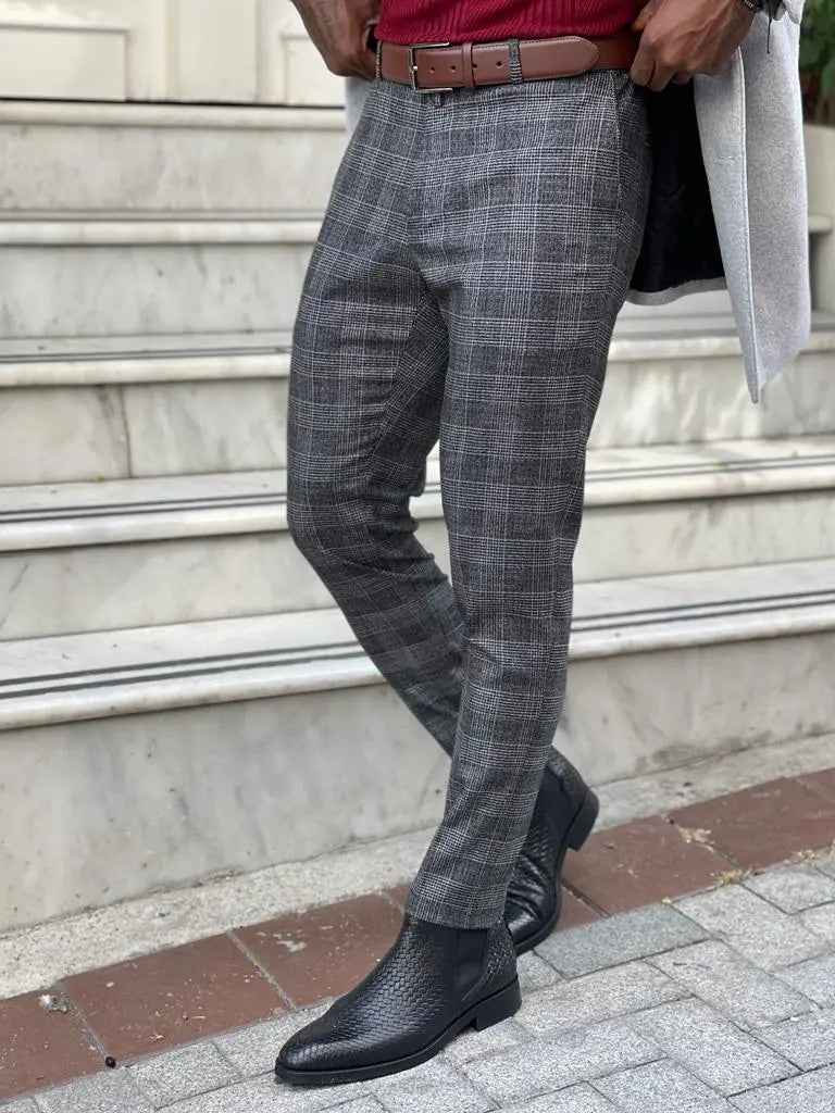 Lazio Black Slim Fit Plaid Pants - BRABION